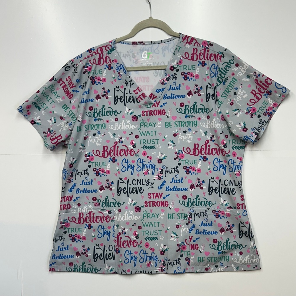 GT Performance Women Gray Inspirational Believe Floral V-Neck Scrub Top XL